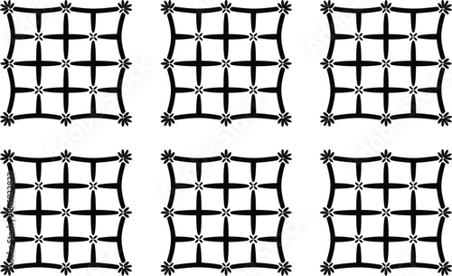 Six identical black and white abstract floral grid patterns arranged in two rows