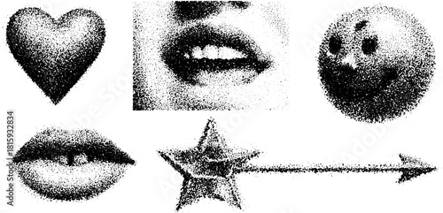 Heart, mouth, smile, and star in a simple black and white vector illustration. This graphic set features isolated expressions and symbols.