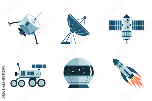 Aerospace equipment icons, satellite dish antenna, orbital station, exploration rover, reusable rocket, spaceplane, navigation satellite, mission technology vector