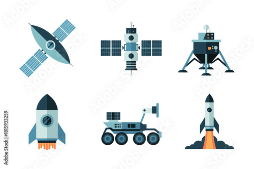 Space mission vehicles set, satellite array, lunar lander module, exploration rover, launch rocket, spacecraft icons, astronomy technology vector