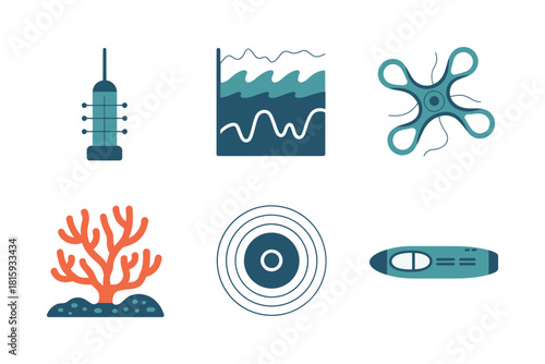 Oceanography instruments set, vertical profiler, wave gauge, plankton shape, coral reef icon, sonar target, submersible sensor vector