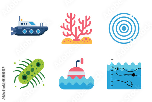 Ocean science monitoring set, survey vessel, coral illustration, sonar ripple, micro organism, buoy beacon, depth measurement panel