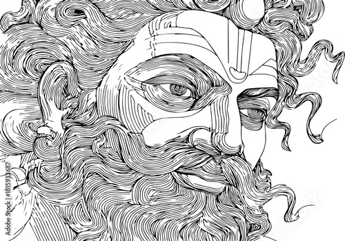 Line illustration of a Hindu mythological figure with curly hair and intense eyes