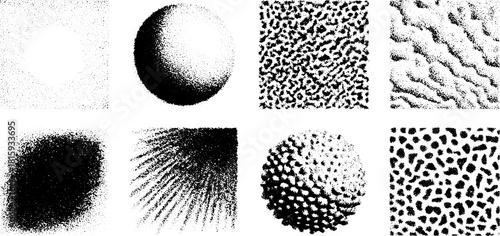 A set of black and white textures showcasing various patterns and shapes, including circles and spheres, presented as vector illustrations.