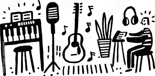 Music scene featuring a guitar, piano, and microphone. Simple black and white vector illustration set with musical notes and creative workspace elements.