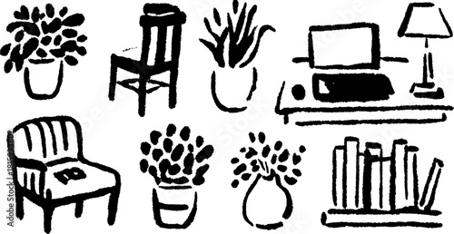 Furniture set featuring a chair, lamp, computer, and plants. Simple black outlines in a minimalist vector illustration for modern home or office decor.
