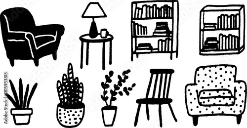 Furniture set featuring various items: chair, table, lamp, sofa, and plant in a simple black line drawing style. Vector illustration for home decor.