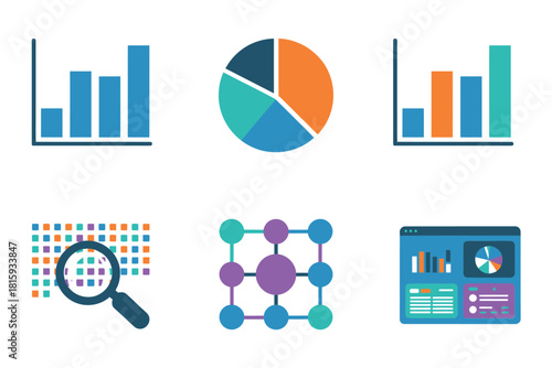 Data analytics icons set, bar charts, pie segments, magnifying research grid, network nodes, dashboard widgets, business intelligence