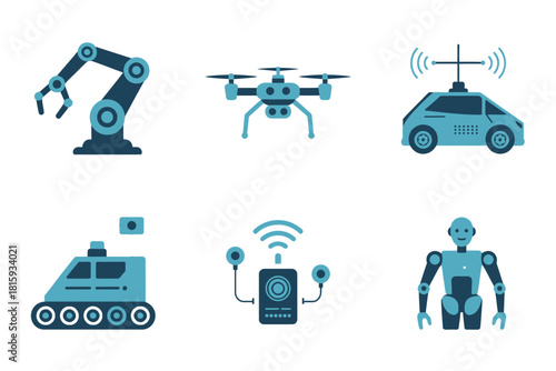 Robotics and drones pack, articulated arms, surveillance quadcopter, smart car with signals, tracked rover, wireless controller, humanoid helper