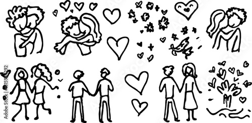 Silhouette hand-drawn couples embracing and holding hands, depicted in a black outline. This vector set captures love and connection through simple illustrations.