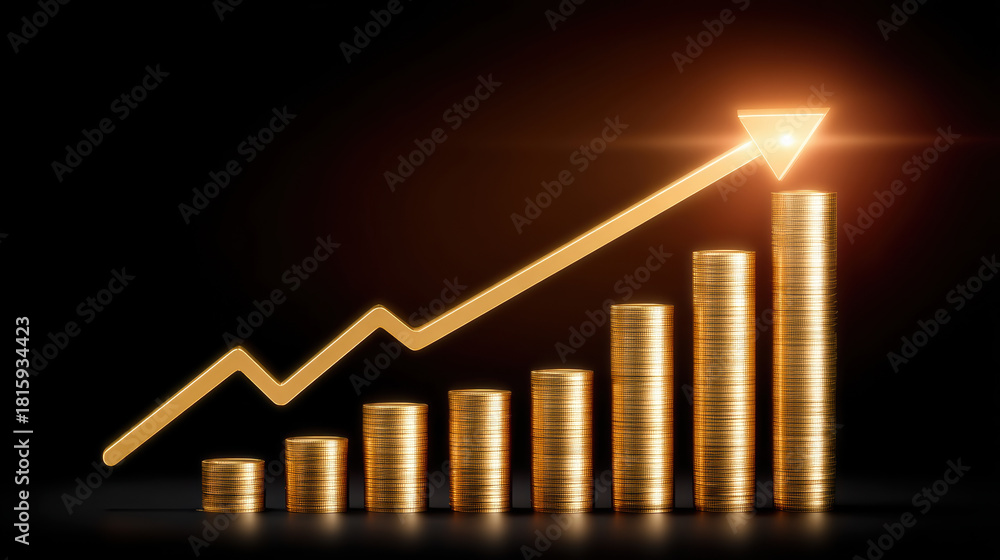 Fototapeta premium Gold coin stacks with ascending arrow showing financial growth and success