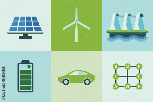 Green energy grid, solar panel, wind turbine, hydro dam, electric car, charging battery, clean technology network nodes