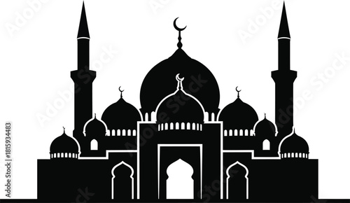 Silhouette of a mosque with multiple domes and minarets, a symbol of islamic architecture and worship, isolated on white background