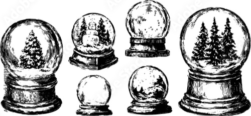 Snow globe set featuring winter scenes with trees and a snowman. Black and white vector illustration for holiday decor.