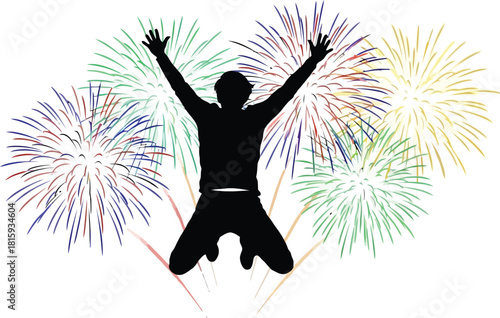 Person silhouette jumping with arms up, celebrating success and joy against a vibrant fireworks display, isolated on white background