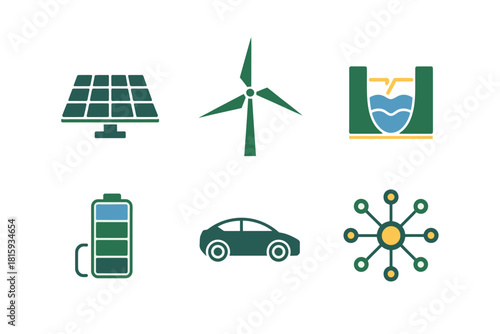 Renewable technology set, solar array, wind generator, hydro energy tank, battery pack, electric vehicle, smart grid network