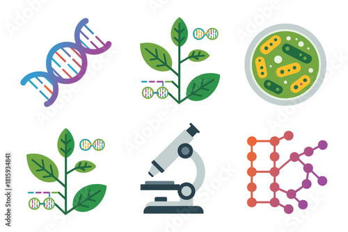 Biology research icons, dna helix, growing plant, microscope tool, petri dish bacteria, molecular network nodes, education vector set