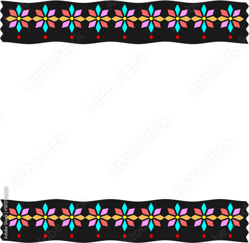 A vibrant traditional border with colorful geometric flower motifs on deep black bands, creating a striking handcrafted frame that highlights the central blank space beautifully.