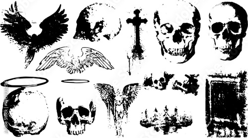Vintage skull and wings engravings. Monochrome vector illustration set of religious symbols and artifacts including crosses, circles, and more.