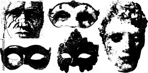 Print engraving of vintage masks and faces. Set of hand-drawn vector illustrations with detailed outlines and artistic elements.