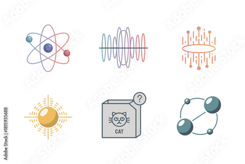 Physics concept icons, atomic model, waveform signals, solar energy sun, quantum cat box, bonding molecules, educational vector