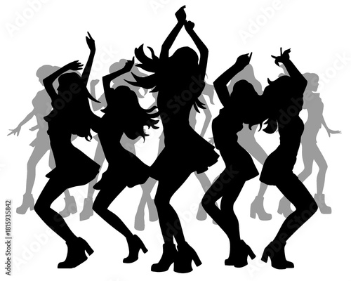 Silhouette of female idol group, group of beautiful women dancing and partying, icon isolated on white background	type 4
