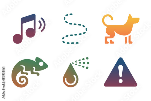 Behavior and safety symbols, playful dog path, music note, cautious chameleon, water droplet, warning triangle, nature awareness