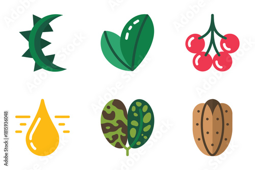 Herbal leaves assortment, spiked cactus leaf, heart green leaf, cherries fruit, yellow essential drop, seed pod element