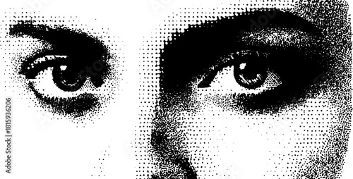 Eye illustration in black and white. High-contrast dot texture, simple design, and modern vector artwork create a striking visual impact.