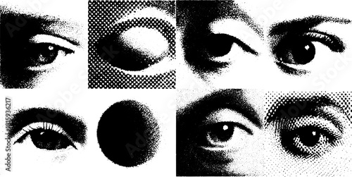 Illustration of human eyes showcasing various styles and details. Monochrome graphic set features textures and shapes in a closeup vector format.
