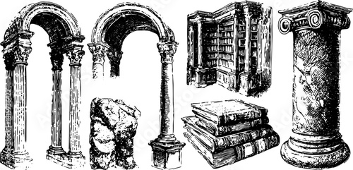Engraving of classical arches and columns. Vintage hand-drawn library and books vector illustration set.