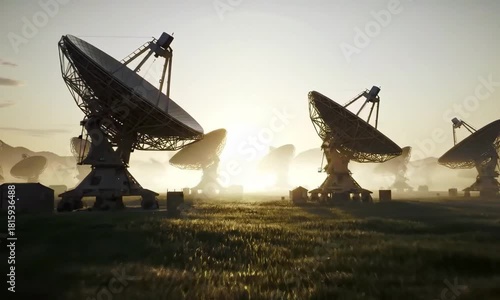 Array of radio telescopes in a field under a bright sky, capturing celestial signals
