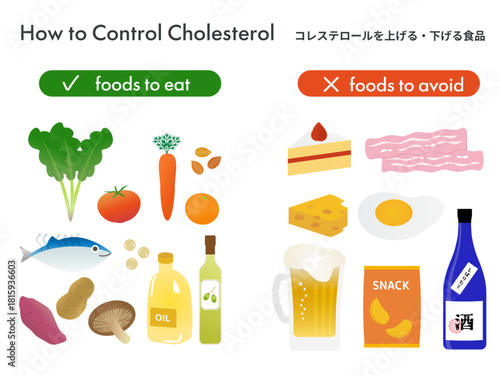 コレステロールを上げる食品と下げる食品のイラストセット-Illustration set of foods that raise and lower cholesterol, showing a clear comparison for health, diet, and nutrition awareness
