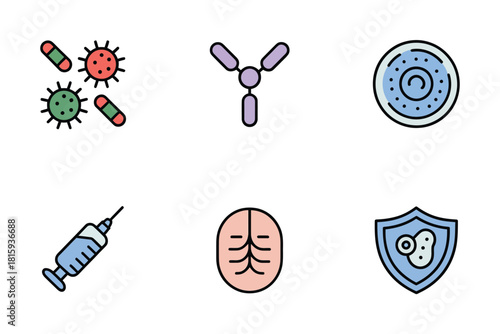 Vaccination and immunity pack, virus particles, antibody Y shapes, syringe injection, protective shield, healthcare research vector.