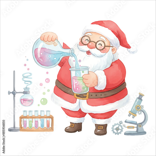 Watercolor Santa Claus scientist working in lab, Christmas vector illustration isolated on white
