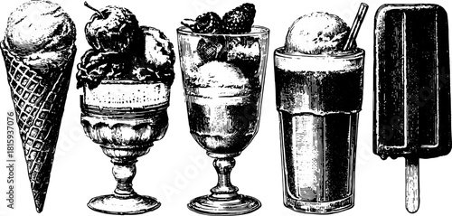 Vintage ice cream desserts in a hand-drawn style. Features a set of an ice cream cone, sundae, and popsicle vector illustration.