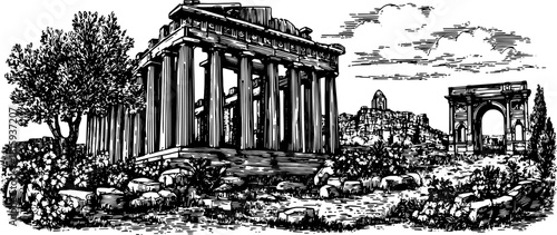 Temple and arch ruins illustrated in black and white. Classic landscape vector illustration showcasing historical architecture in a natural setting.