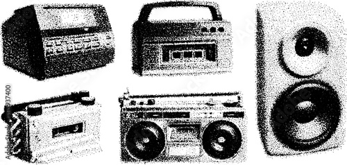Vintage audio equipment set: radios, speakers, and recorders in stipple technique. High-quality vector illustration capturing retro design.