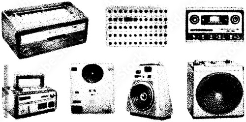 Vintage music equipment illustration set, including radios, speakers, and tape players. Features a black outline vector illustration.