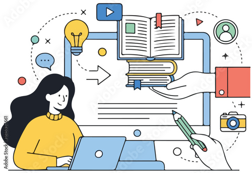 Modern Education and E-Learning Vector Illustration: Creative Back to School Concept with Distance Learning, Online Courses and Digital Education for Web Banners and Marketing Materials