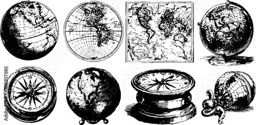Antique globe and compass engravings showcasing navigation elements. Vintage line drawing set illustrating geographical themes. Vector representation of cartography.