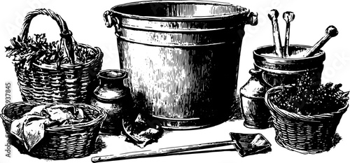 Hand-drawn illustration of a basket, bucket, and pots. Kitchen and gardening tools illustrated in a black outline vector style.