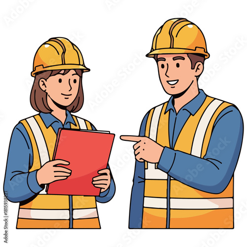 Construction Workers Discussing Plans on Site Wearing Hard Hats and Safety Vests