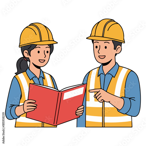 Construction Workers Discussing Plans From Red Book Manual on Site