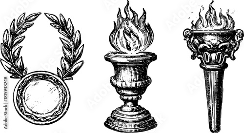 Vintage medal and trophy set featuring a flaming lantern. Classic vector illustration representing achievement and honor.