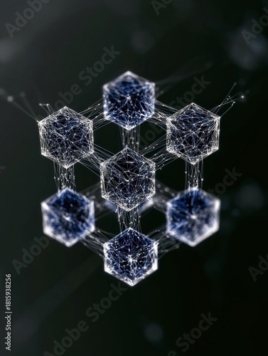 A complex, interconnected network of glowing hexagonal cubes forms an abstract structure against a dark, blurred background.