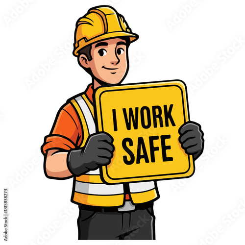 Construction Worker Holding I Work Safe Sign, Safety Awareness, Construction Site