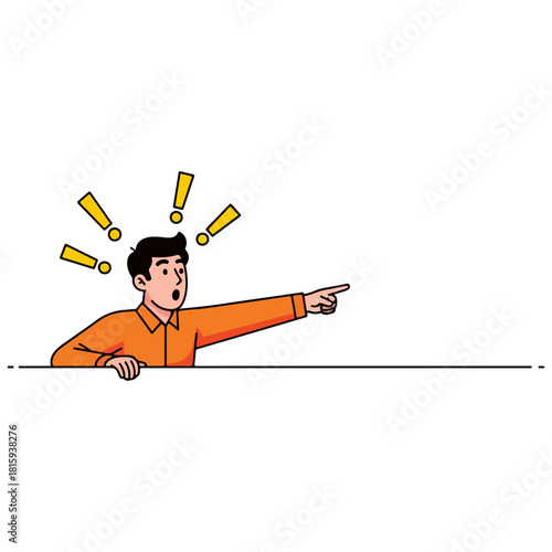 Man Pointing with Exclamation Marks Above Head Indicating Surprise or Discovery