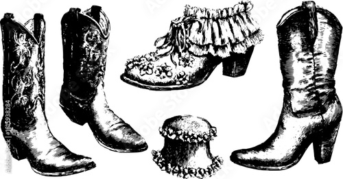 Vintage cowboy boots vector illustration showcasing detailed patterns and designs. The artwork features a classic set of footwear in black and white.