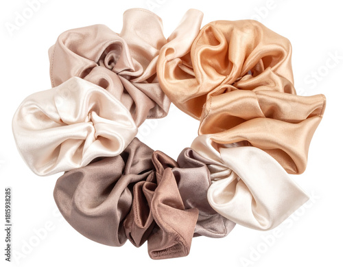 Set of Neutral-Tone Silk Scrunchies, isolated on transparent background